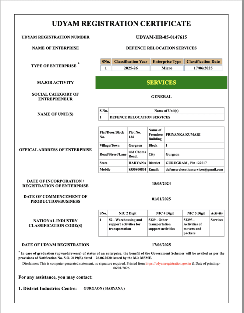 Defence Relocation Services - Udyam Aadhar ,MSME Certificate